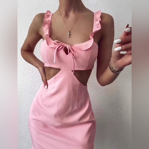 Tiger Mist Pink Cutout Bow Ruffle Mini Dress S NWT - Picture 4 of 11